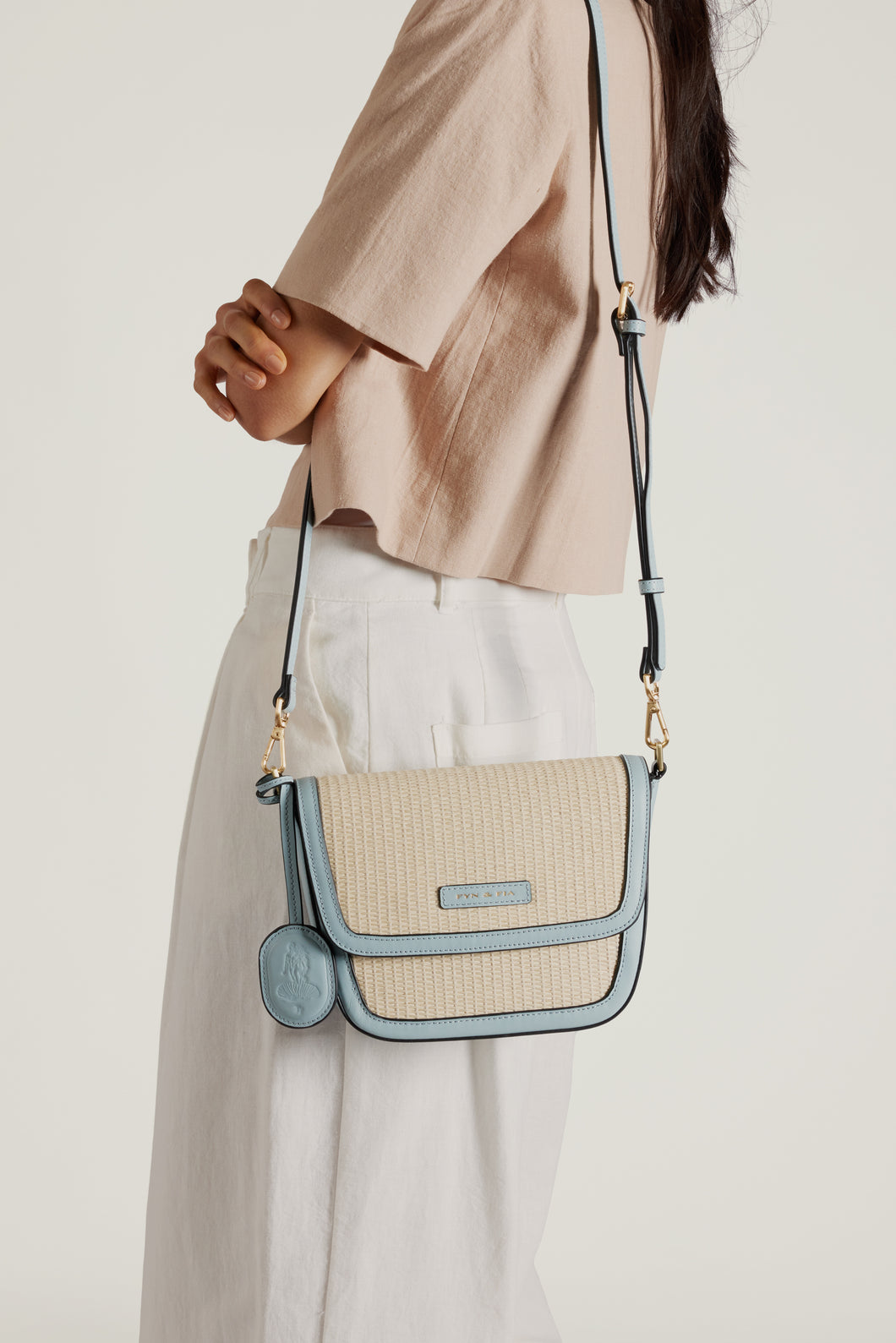 Amelia Saddle Bag - Sand Raffia & Baby Blue